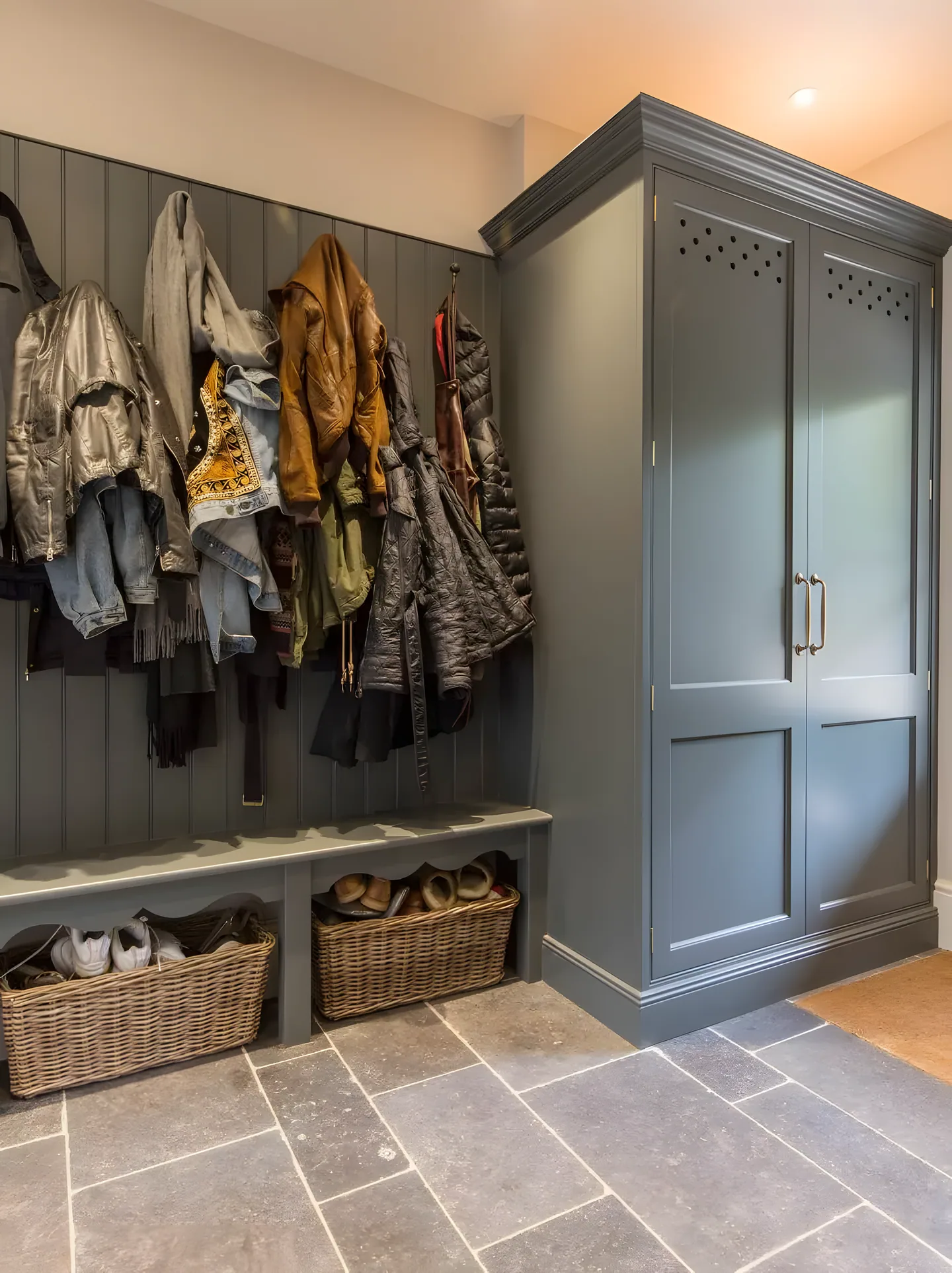 A grey painted boot room with coat hooks, baskets and a bench
