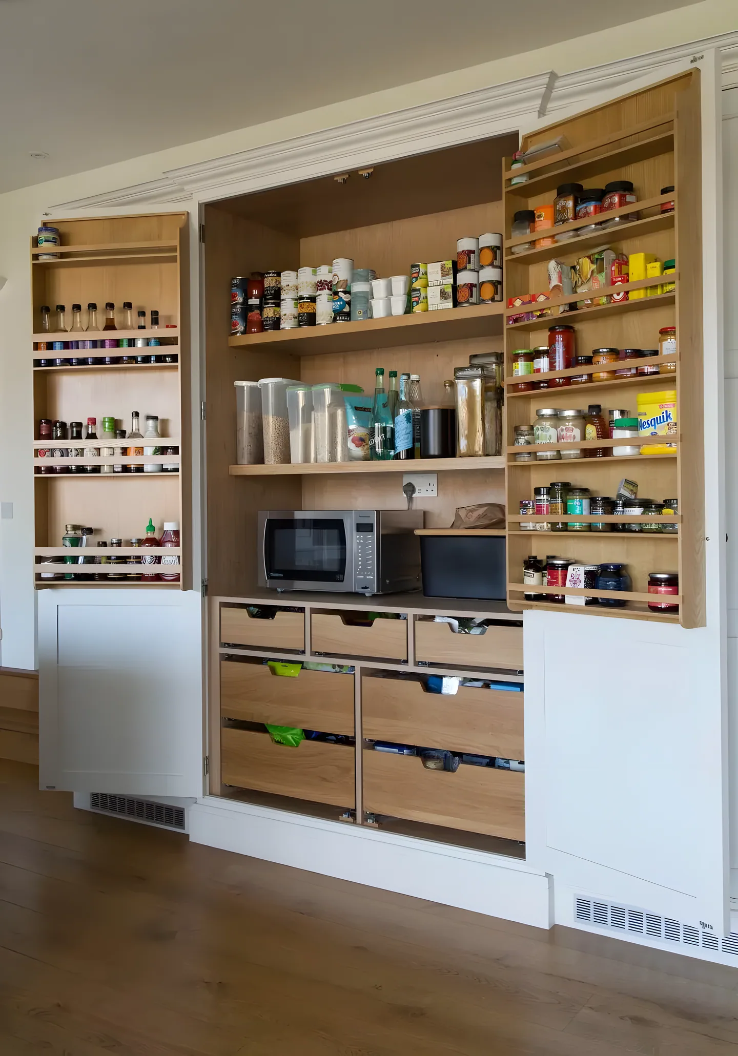 An open larder with oak shelving, spice racks and drawers