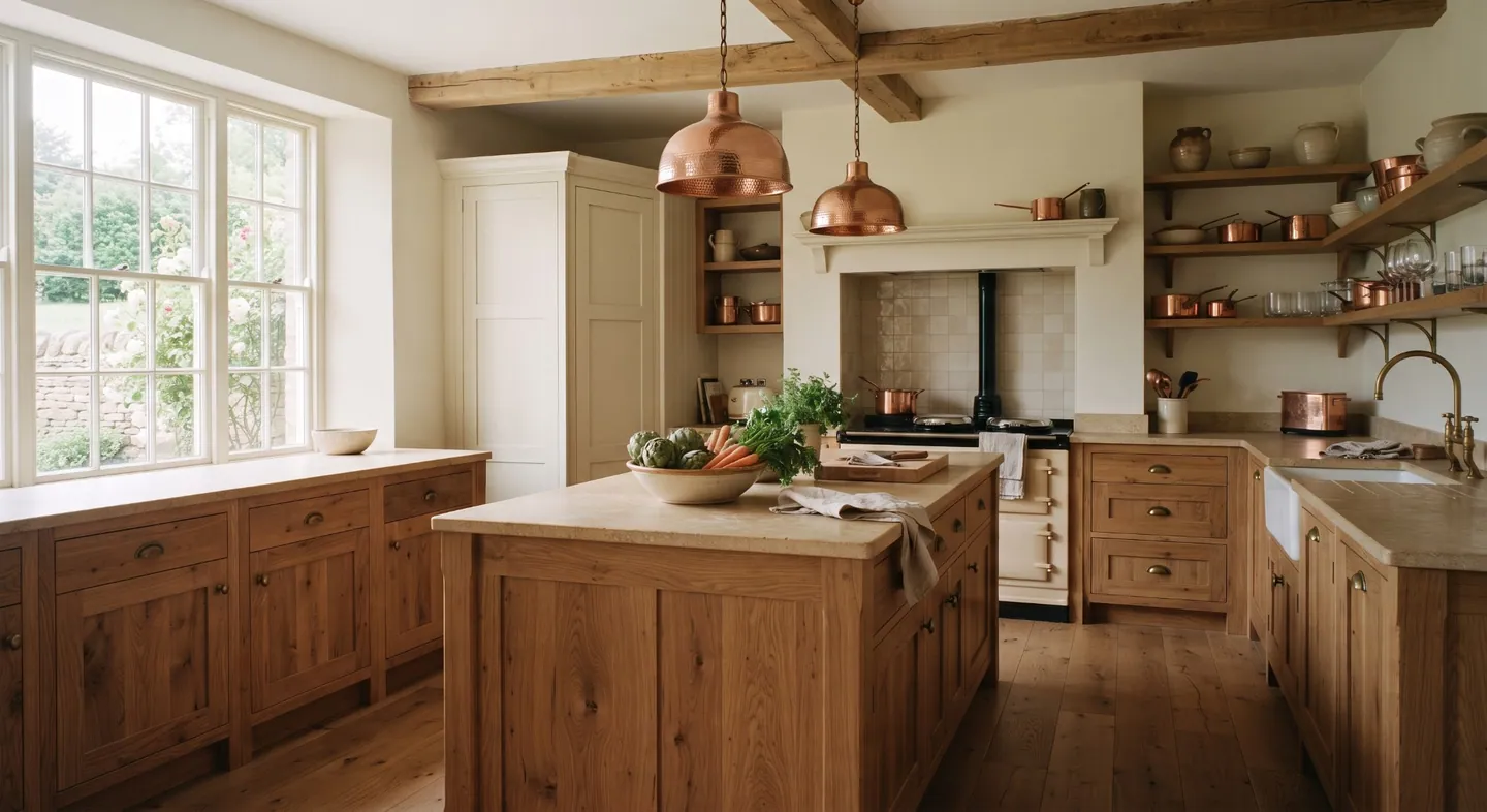 AI-generated concept image: a natural oak kitchen with a cream painted larder, stone worktops and copper pendant lights