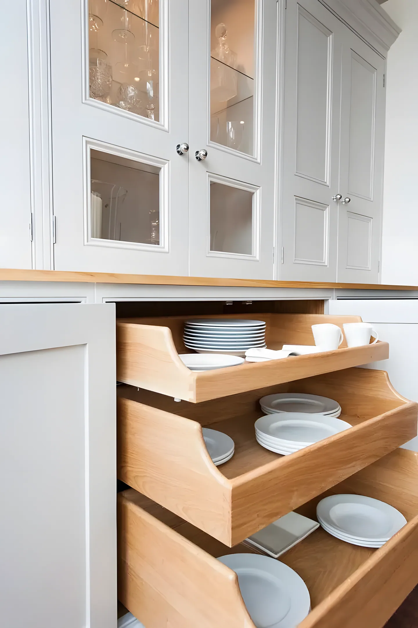 Deep oak drawers holding plates
