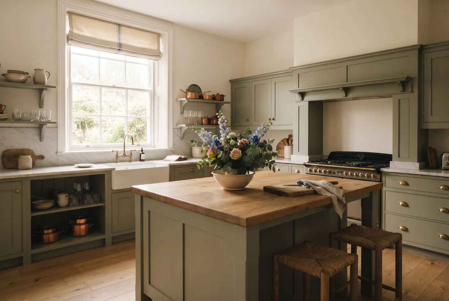 AI-generated concept image: a sage green painted shaker kitchen with an oak topped island, brass handles and copper pans