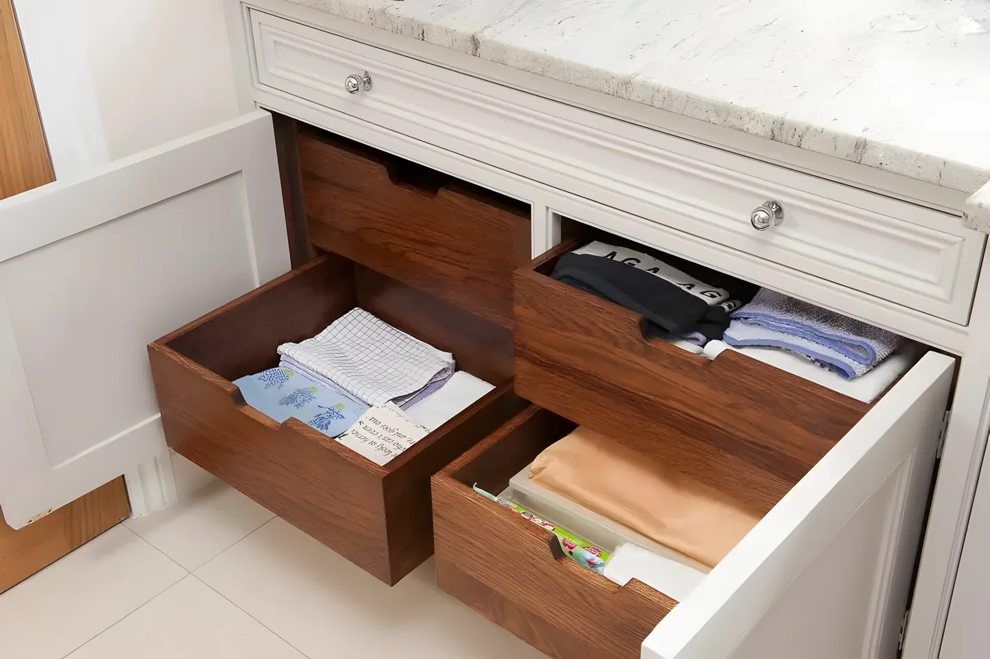 Walnut-lined drawers opened inside a painted base unit